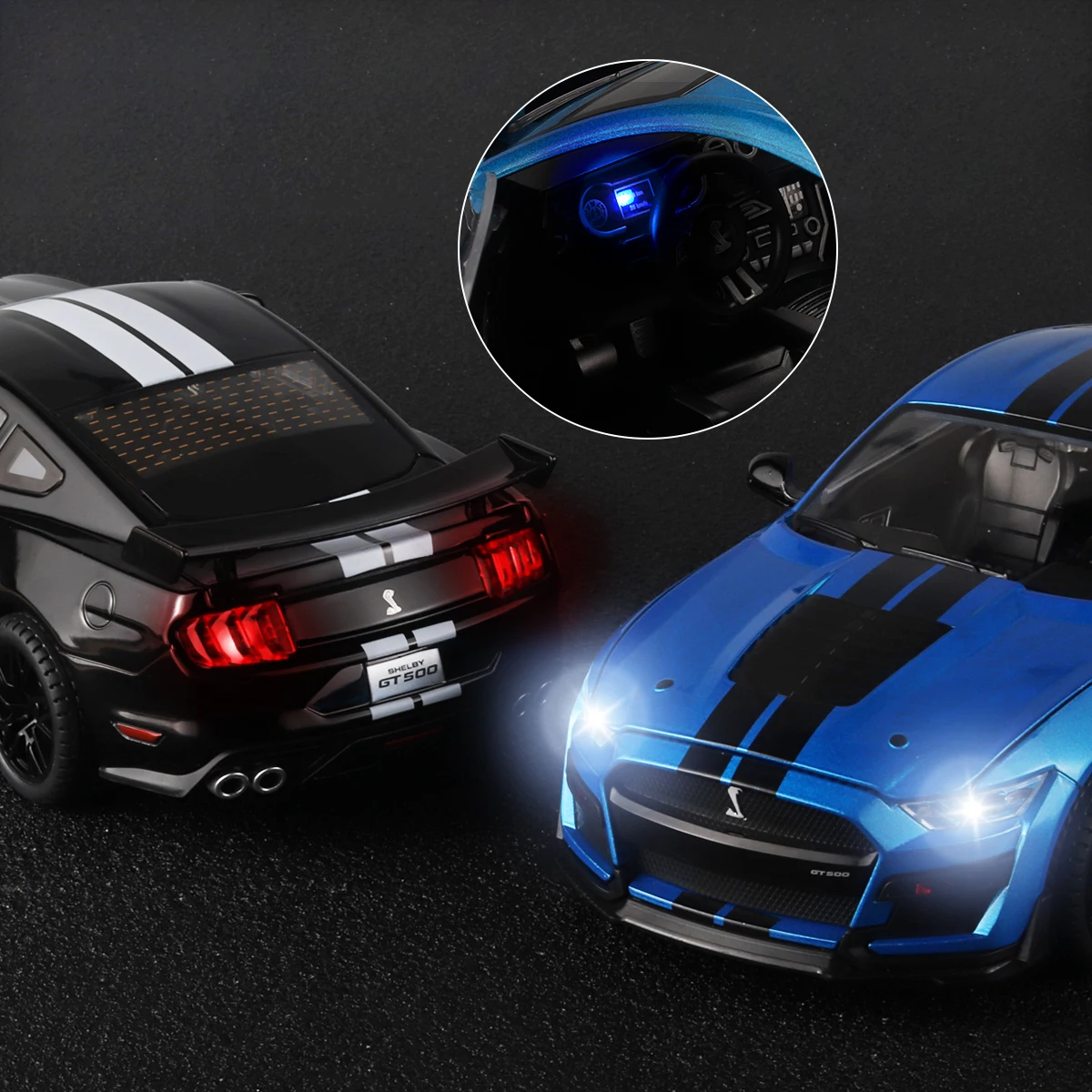 Grande 1/18 liga fundida ford mustang gt500 modelo de carro coleção ornamentos simulação som e luz para meninos presente de aniversário