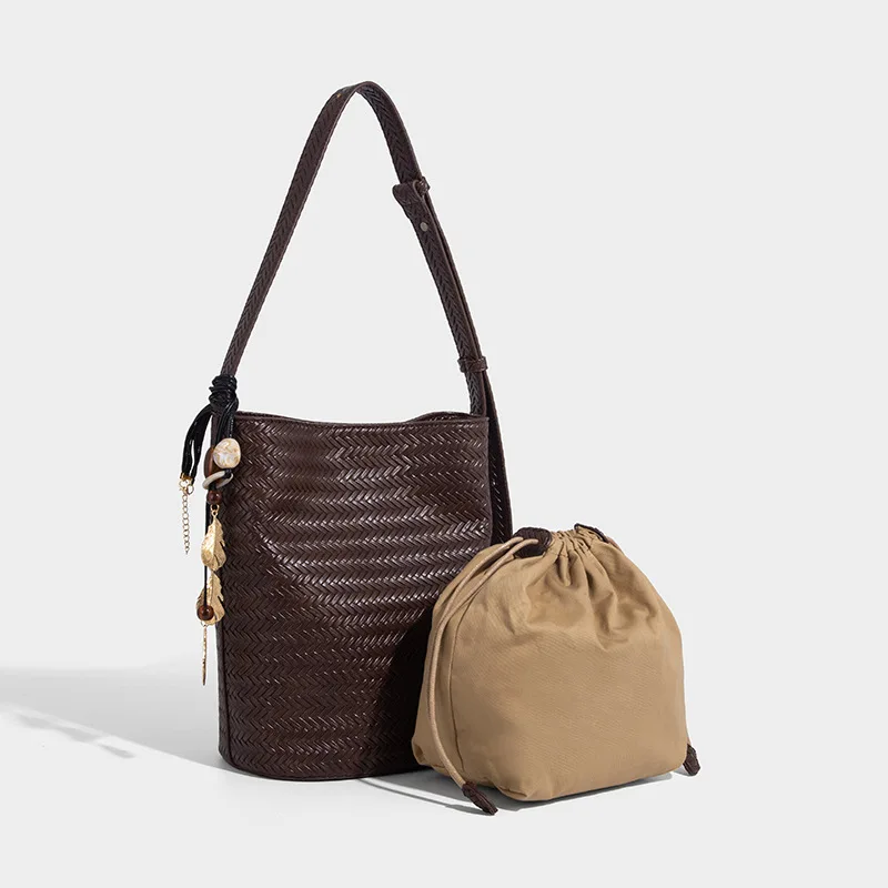 

Тканая сумка на плечо ручной работы для женщин, большая сумка из веганской кожи, пляжные дорожные сумки и кошельки, дизайнерские сумки-ведра с корзиной