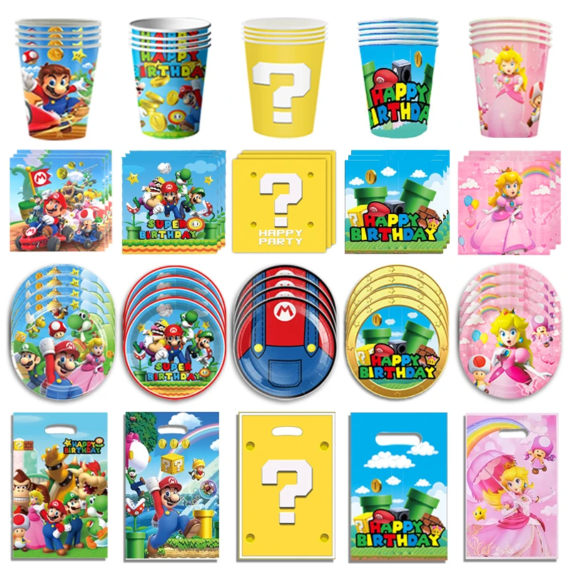 Super Mario Bros Birthday Decoration Party Supplies Tablecloth Baby Shower Paper Cup Plate Napkin Bag Kit Disposable Tableware