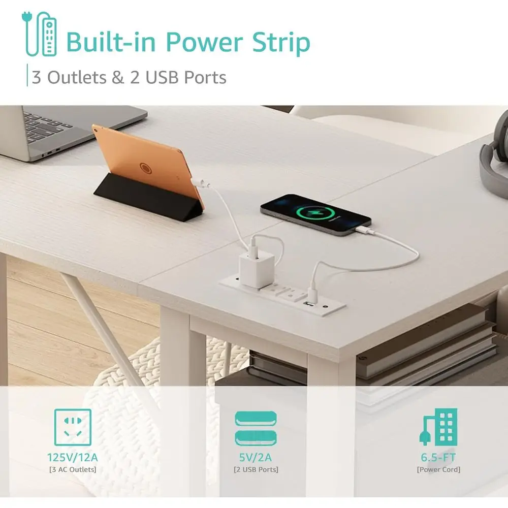 White L Shaped Computer Desk with Ders & Storage Shelves, 47 Inch Reversible Desk with Power Outlet or Home Oice Bedroom, L-Shap - view 6