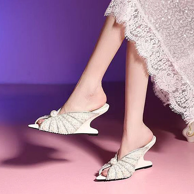 White Pearls Pointy Toe Wedges Slippers Genuine Leather Women's High HeelsSandals Party Wedding Dress Shoes Luxury Designer Pump image 5