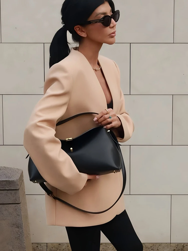 JULISSA MO مثير العميق الخامس الرقبة زر واحد المرأة السترة السوداء طويلة الأكمام منصات الكتف جاكيتات الشتاء فضفاضة أنيقة السترة معطف