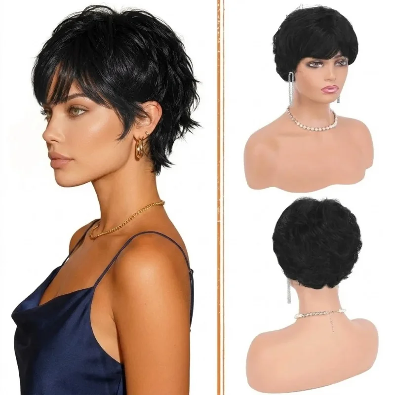 

Black Layered Short Pixie Wig Natural Heat Resistant Synthetic Hair Fashion Daily Wig for Women