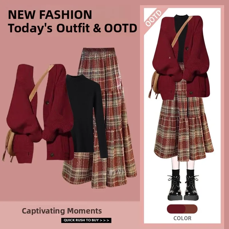 

New Year's Knitted Sweater And Half Skirt Three-Piece Women's Fashion Set Winter Base Layer Shirt Plaid Design Base Set