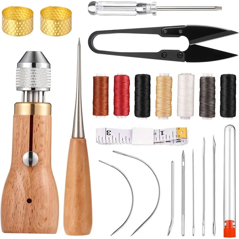 

Mar.Screwdriver Scissors Leather Sewing Awl Kit 24Pcs With Straight Curved Threads Tape Measure For Craft, Furniture Repair