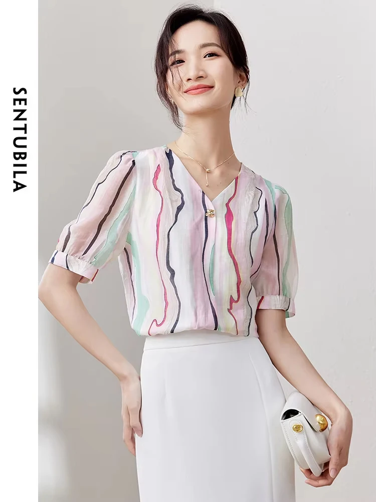 SENTUBILA Elegant Striped Chiffon Blouse for Women 2024 Summer Fashion Short Sleeve V Neck Shirt Contrast Chiffon Top Q32V50521