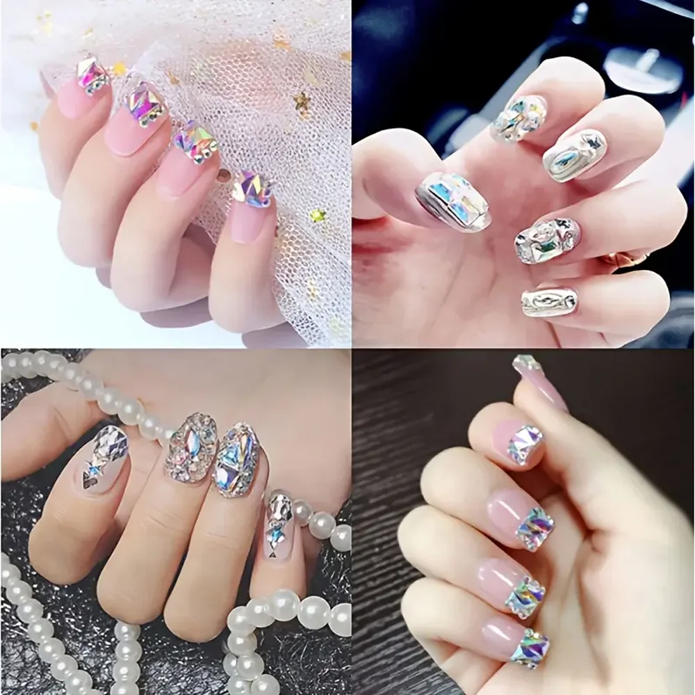 170 Stück Aurora Mix unregelmäßig geformte Nagel-Strasssteine mit flacher Rückseite, Champagnerrot, klares glitzerndes Glas, Nageldiamanten, Maniküre, Mini-Edelsteine