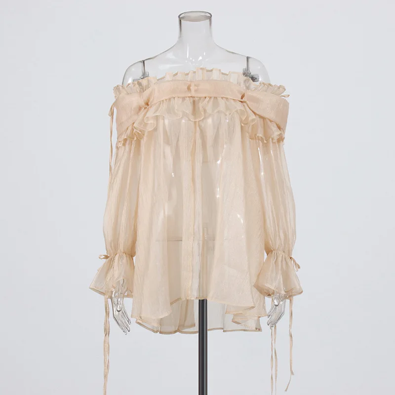 

Sexy Patchwork Lace Up Blouse For Women Slash Neck Long Sleeve Loose Casual Ruffles Blouses Female Fashion Shirts