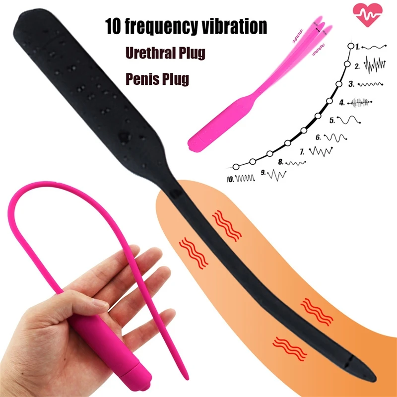 10 Speed Urethral Vibrator Long Silicone Vibrating Penis Plug Urethral Sound Catheter Dilator Massager Male Masturbator Sex Toy