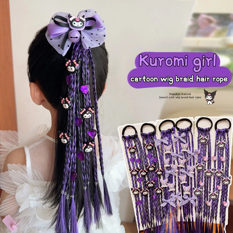 Kuromi-Peluca de pelo sintético con dibujos animados para niña, peluca de princesa con lazo de cuerda de cola de caballo, trenza púrpura, accesorios para el cabello de estilo infantil