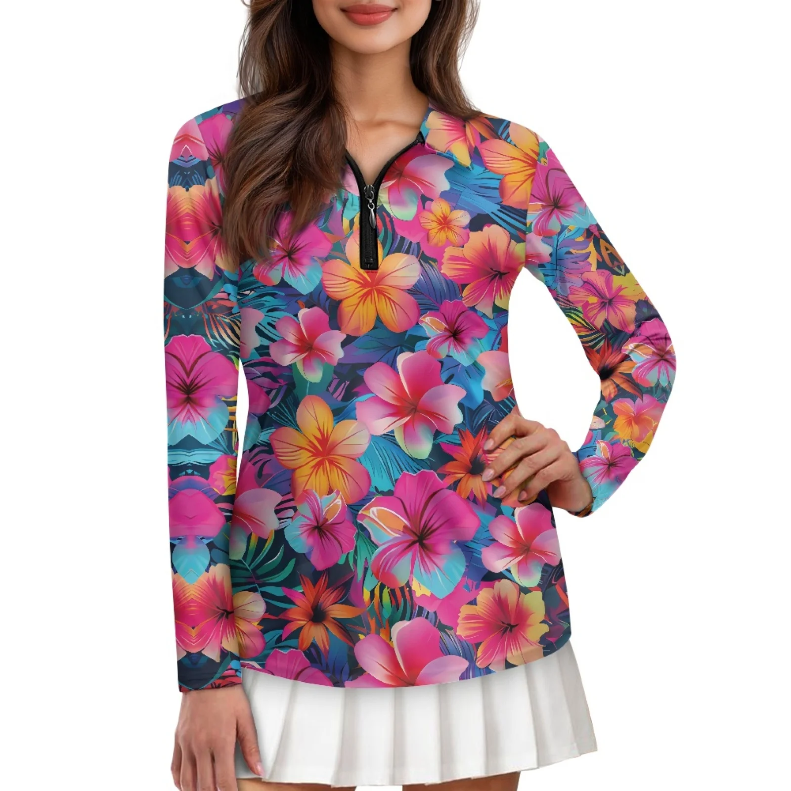 PENSTROLL Hibiscus Flower Womens Moisture Wicking Golf Shirts Long Sleeve Yoga Activewear for Jogging