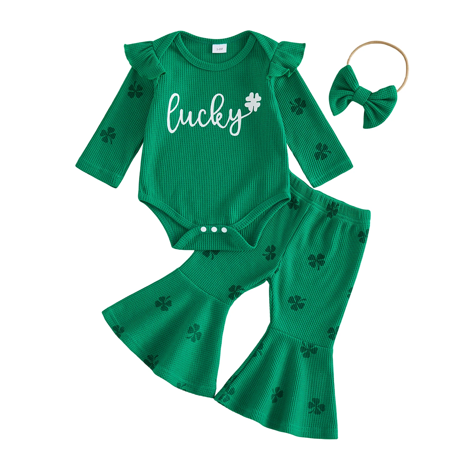 Baby Girls Irish Day Outfits Long Sleeve O Neck Letter Clover Print Romper Flared Pants Headband Sets