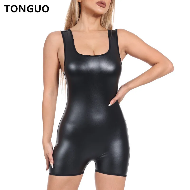 Women Bodysuits One Piec Outfits Sexy Leather Shorts Shaper Sleeveless Tank Top Jumpsuits Rompers Playsuits Party Club Shapewear