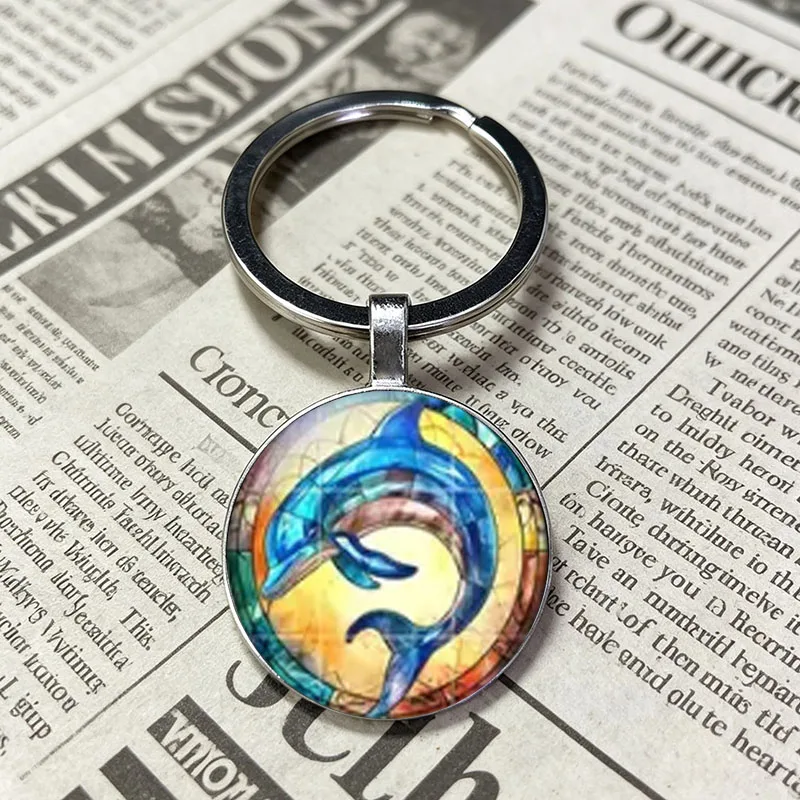 Mosaic Stained Glass Ocean Dolphin Print Keyring Cabochons, Perfect For Beach Sea Animal Art Fans Nautical Minimal Style Lovers
