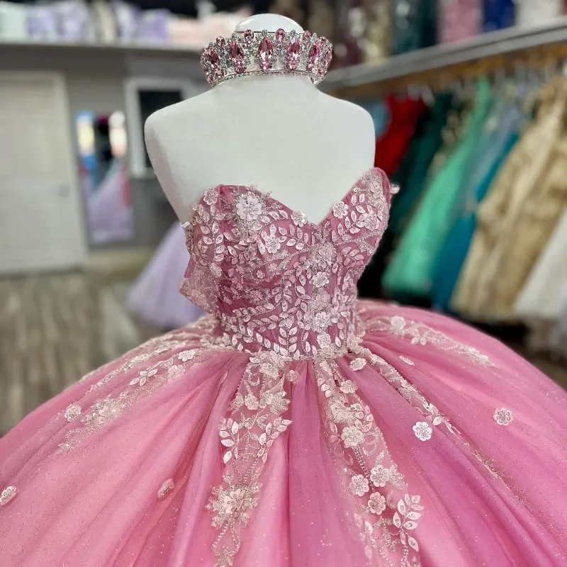 Princesa rosa Quinceanera Vestido, Vestido mexicano, Doce 16 Aniversário, XV Applique Vestidos Cinderela, Espartilho, Novo, 2024, 15