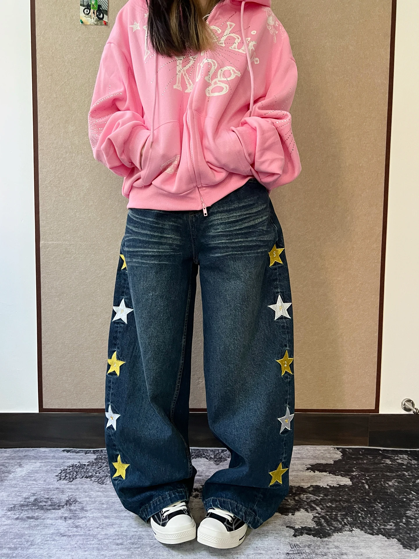 

Retro Star Embroidery Wide Leg Jeans Casual Straight Cut Cotton Denim Pants ex Loose Fit Versatile Old Faioned Long Tro...