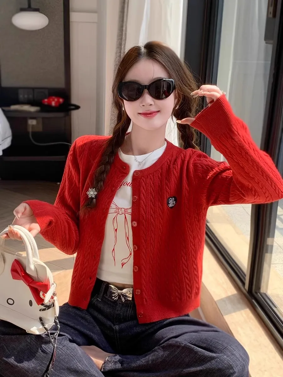 

Ele Knitted Sweater Coat Women's Autumn Faionable Versatile Long Sve round Ne Embroidered Flower Loose Fit Sle