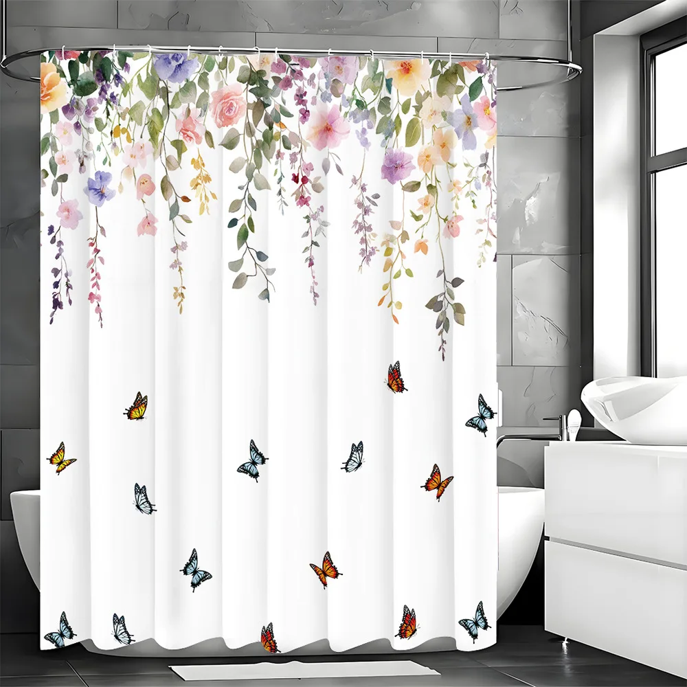 新鮮で優しい田舎の蝶のシャワーカーテン-洗える汚れに強いシャワーヘッド-防水ポリエステルバスカーテン