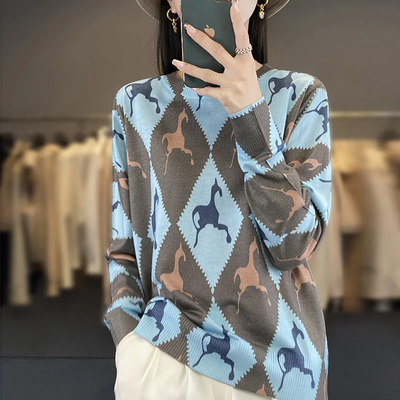 Spring 2024 new mulberry silk ink-painted crew-neck sweater for women Graffiti crew-neck wool knit pullover jacket for women