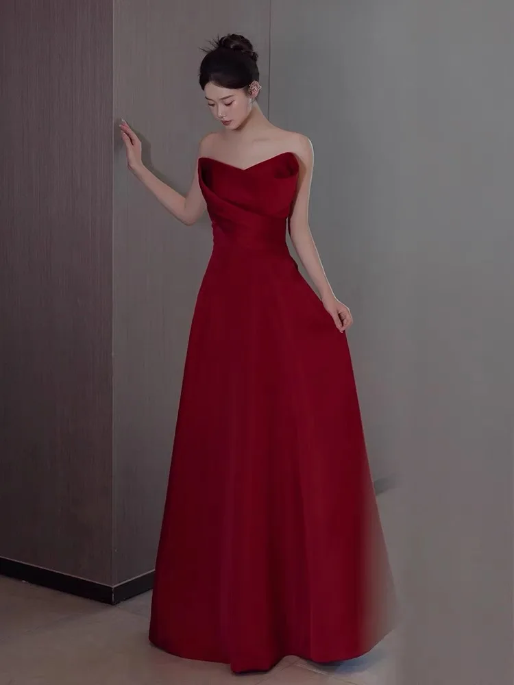 Burgundy Bridesmaid Dress Off Shoulder Detachable Sleeves A-Line Delicate Satin Wedding Banquet Evening Toast Formal Prom Gowns