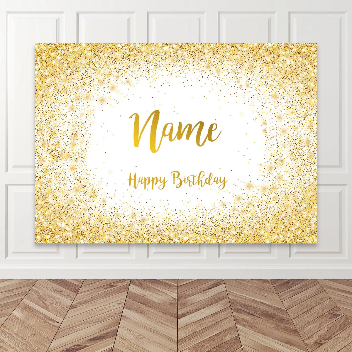 

Gold Shining Glitters Birthday Party Backdrop Custom Name Background Banner Anniversary Baptism Bar Mitzvah Party Wall Decor