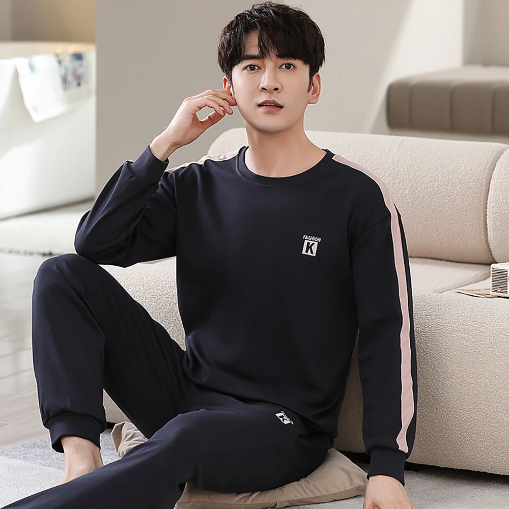 

L-4XL 100% Cotton Breathable Sleepwear Suit Casual Loose Letter Print Men's Pajama Sets Korean Style Spring Autumn Pijama Hombre