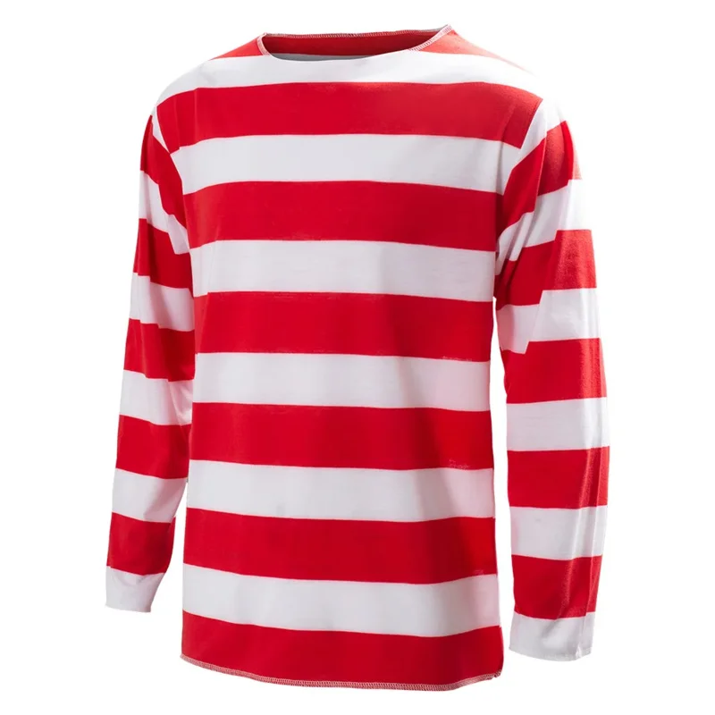 Where's Wally Waldo Now Cosplay Shirts  Red White Stripes Long Short Shirt Costume Adult Hat Glasses Fancy Dress Carnival Suit O