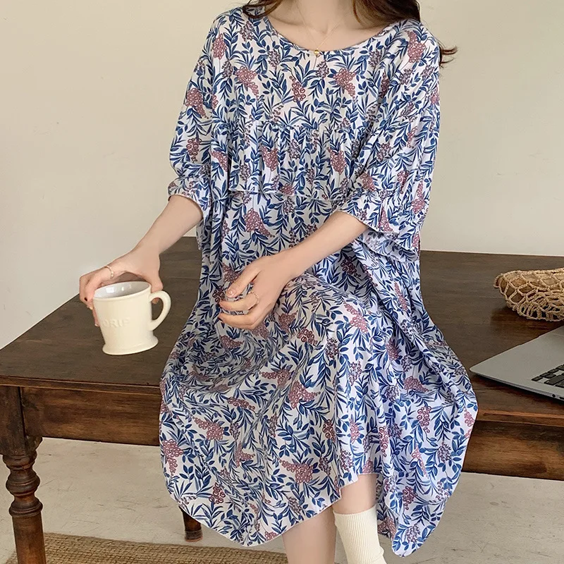 Summer Printed Cotton Silk Sleeping Skirt for Women Sweet Round Neck Short Sleeve Pajama Dress Female Home Furnishing Clothing