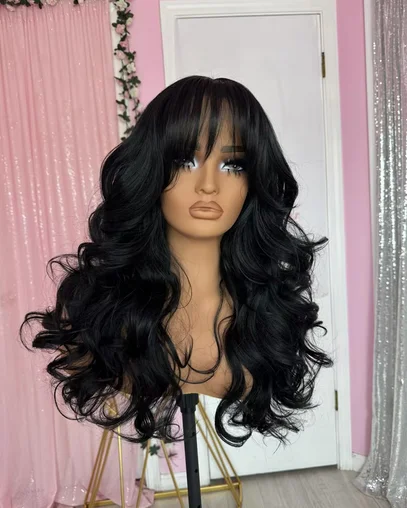 Women Wigs Body wave Lace Frontal Wig Black Color with Bangs Natural Synthetic Hairs High Heat Fibre Wig female Full Density Wig