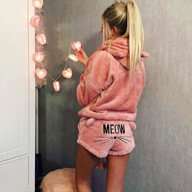 Women Coral Velvet Pajamas Set Autumn Winter Warm Pajamas Two Piece Set Sleepwear Cute Cat Meow Pattern Hoodies Shorts Set