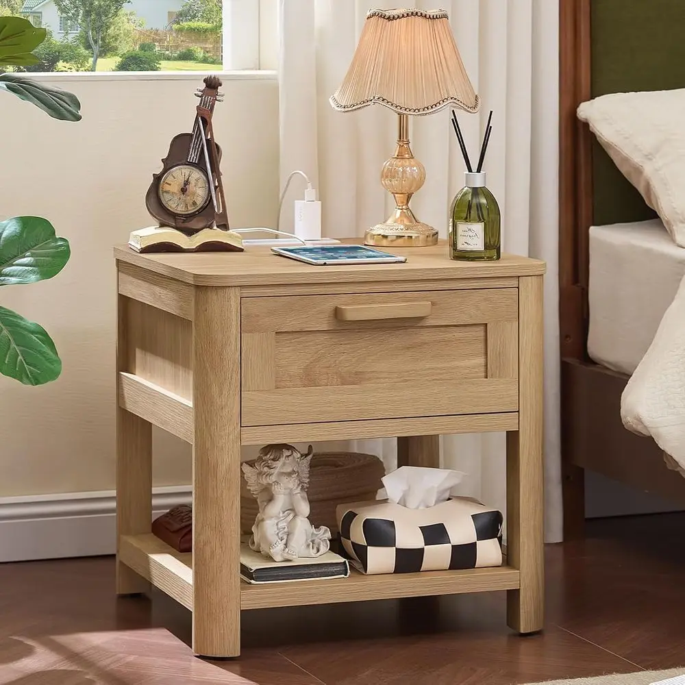 armhouse Night Stand Set o 2 with Charging Station, Natural | Wood Bed Side Table with Der & Open Storage Shel & Rounded s or Be - view 2