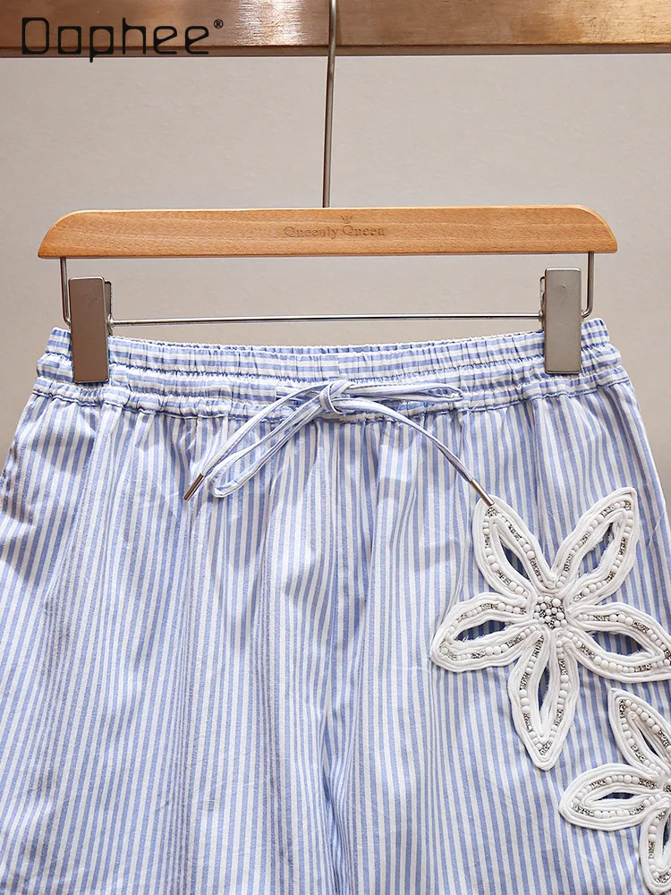 Sommer Retro bestickte Blumenperlen hohle Spitze elastische Taille A-Linie weites Bein Hose koreanische schicke blau-weiß gestreifte Shorts