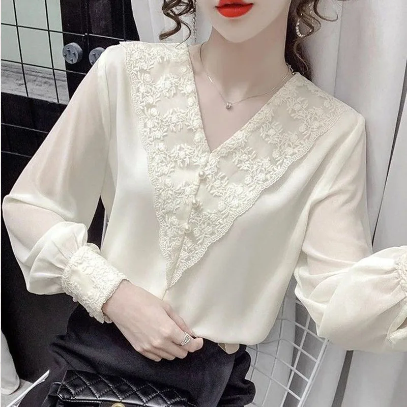 Fairycore Style V-neck Lace Top Unique Embroidery Lantern Sleeve Thin Chiffon Patchwork Single Piece Set Blouse Pearl Button