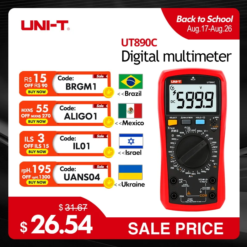 Multímetro digital uni t ut890c ut890d + 6000 contagens, frequência manual, temperatura, tensão, amperímetro ac dc dmm, testador de capacitor ncv