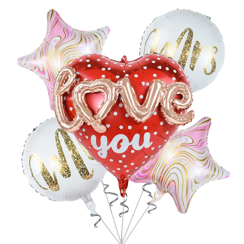 

5Pcs/Set Red Heart Star Foil Balloons Happy Love Mr Mrs Helium Balloon Wedding Valentine's Day Birthday Party Decoration Globos