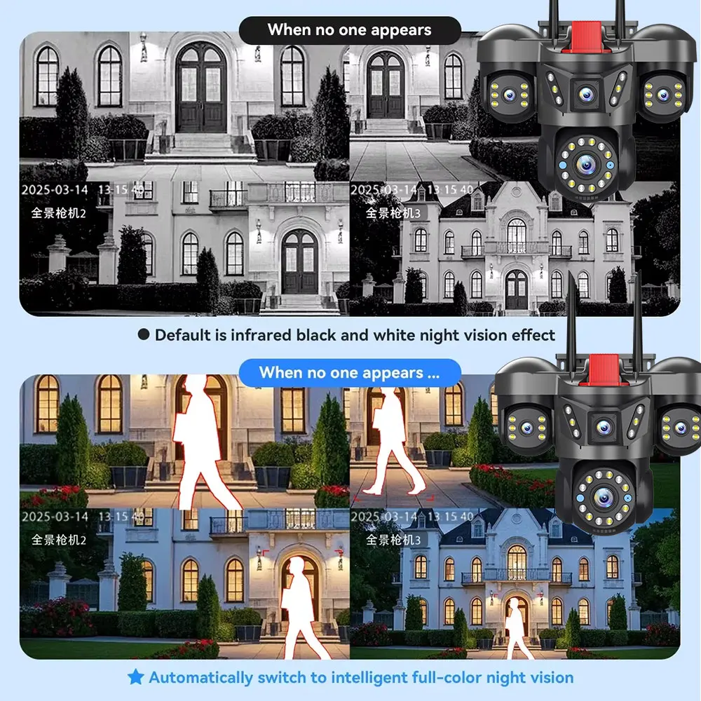 20MP 10K Outdoor WiFi PTZ Security Camera 4 Lens 4 Screen IP Camera 16X Zoom Auto Tracking 360° View Wireless CCTV