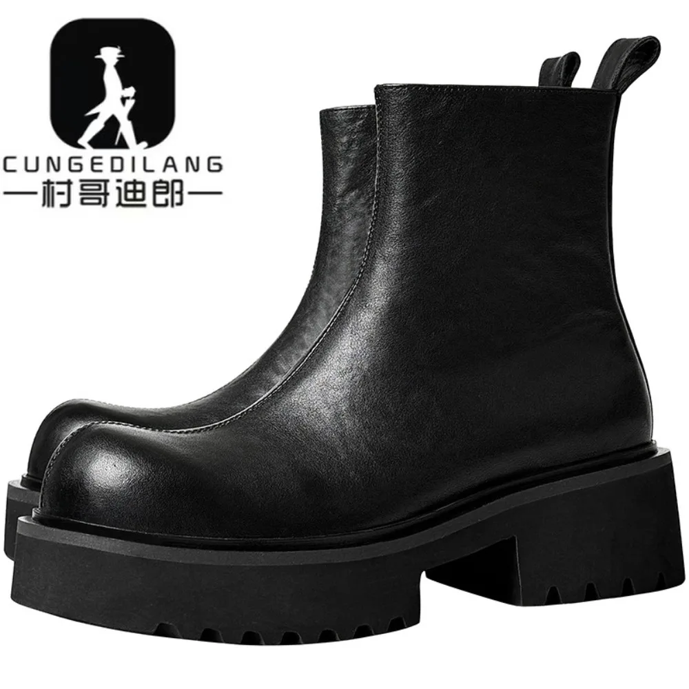 British Business Leather Boots for Men High Heels Round Head Thick Sole Chelsea Boots Male Fashion Casual Shoes Men's Ankle Boot