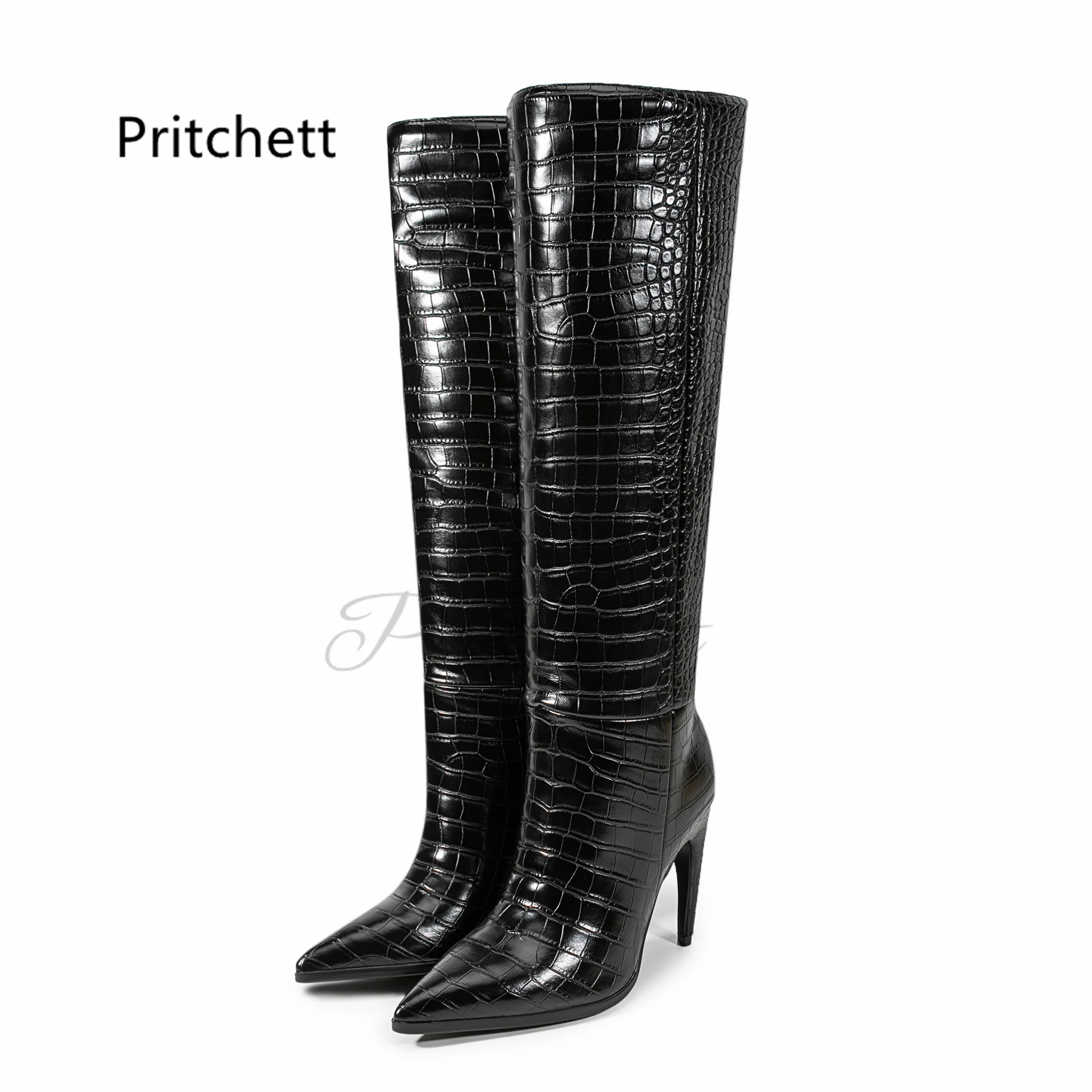 Alligator Print Long Boots for Women Pu Leather Thin High Heels Pointed Toe Women's Knee High Boots Winter Slip On Modern Boots