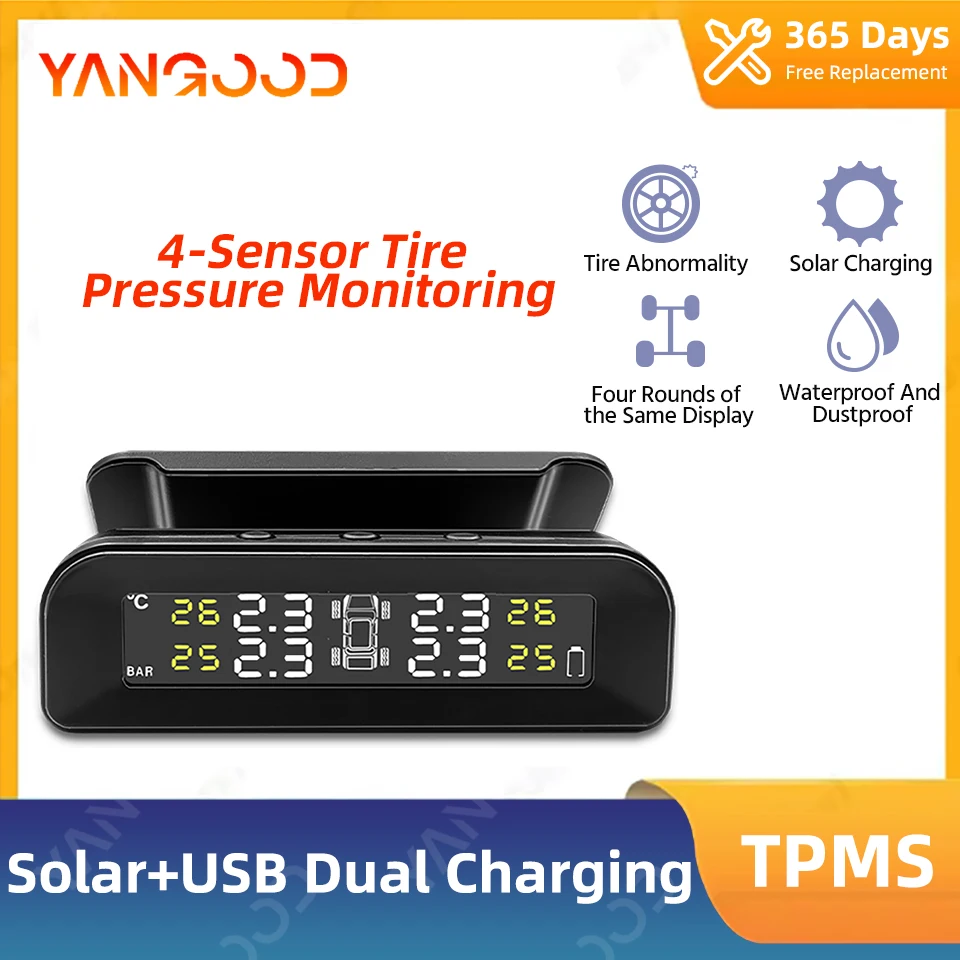 

Smart 4 Universal Sensor Tire Pressure Sensors Solar &USB Dual Charging Power LCD Display TPMS Wireless Tire Pressure Monitoring