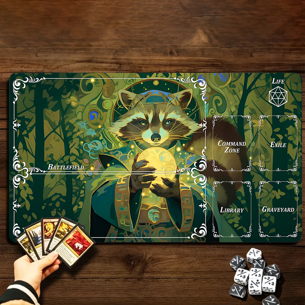 Raccoon Wizard TCG Playmat Magic Playmat with Stitched Edge Anti-slip base 60X35cm Gathering Gaming Mat Trading Card Game