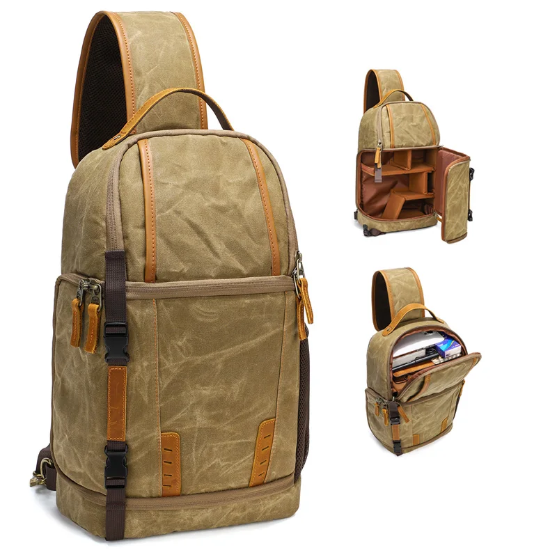 حقيبة ظهر للكاميرا DSLR حقيبة كروس مقاومة للماء من القماش المشمع القديم حافظة كاميرا لكاميرا Canon Nikon Sony Pentax