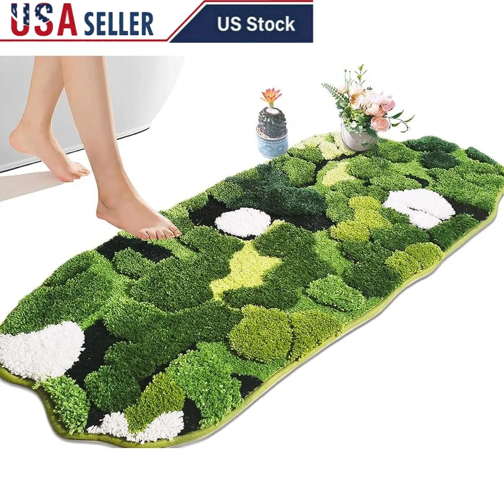 Cute Green Moss Bathroom Runner Rug Shaggy Non Slip Bath Mat Absorbent Shower Carpet Plush Leaf Design Multi Purpose Home Decor