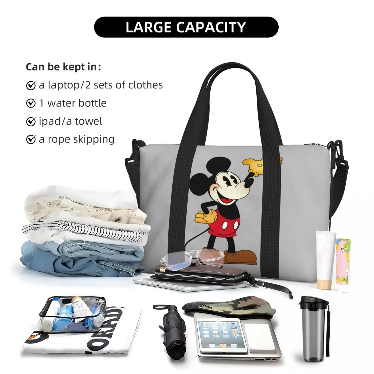 Bolso grande personalizado de Mickey Mouse para mujer, bolsa de mano de dibujos animados, hombro, compras, gimnasio, playa, viaje