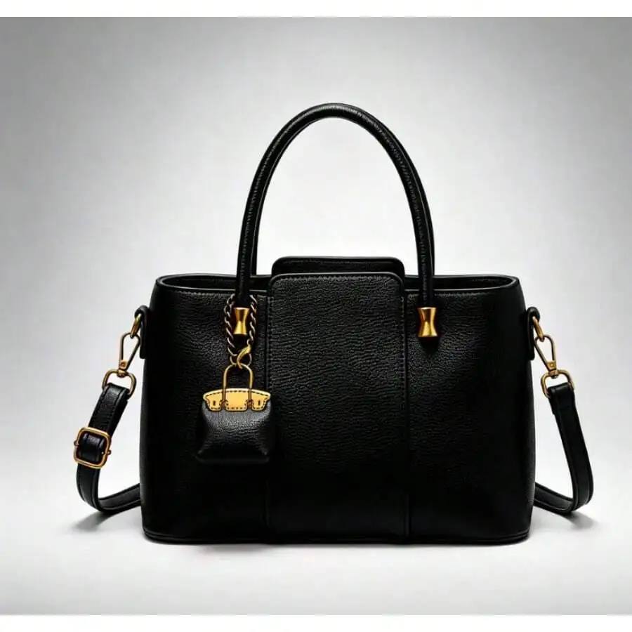 

Elegant Black Leather Handbag For Women, Shoulder Crossbody Tote Bag With Chain Decor