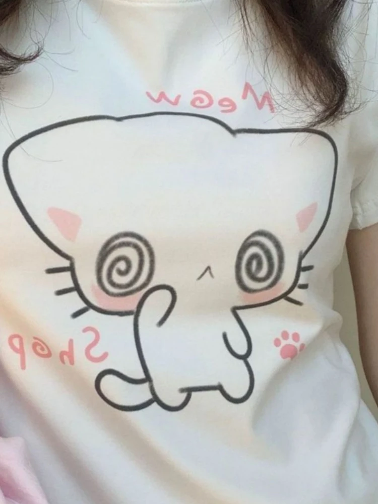 الصيف Harajuku خمر الكرتون طباعة تي شيرت Preppy نمط الأبيض Y2k الجمالية بلايز عادية المرأة الجرونج Kawaii لطيف القمم
