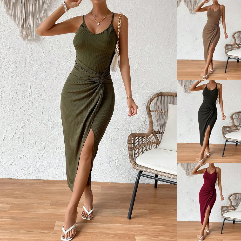 

European and American women's fashion slim-fit, hip-hugging, slit, sexy backless camisole temperament dress