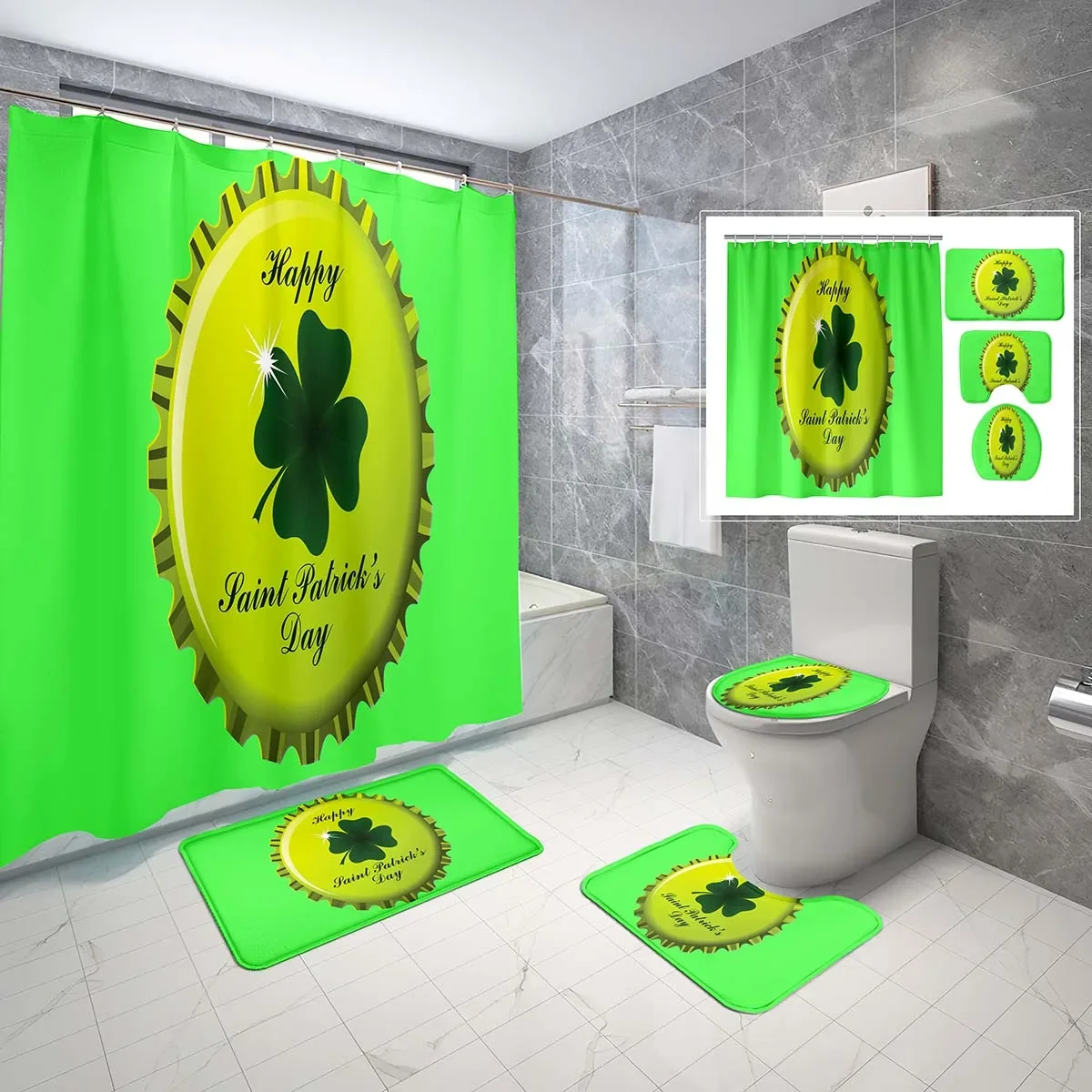 4 Pcs Saint Patrick's Day Shower Curtain Sets Holiday Theme Style Non-Slip Bath Mat Waterproof Shower Curtain Toilet Cover Sets