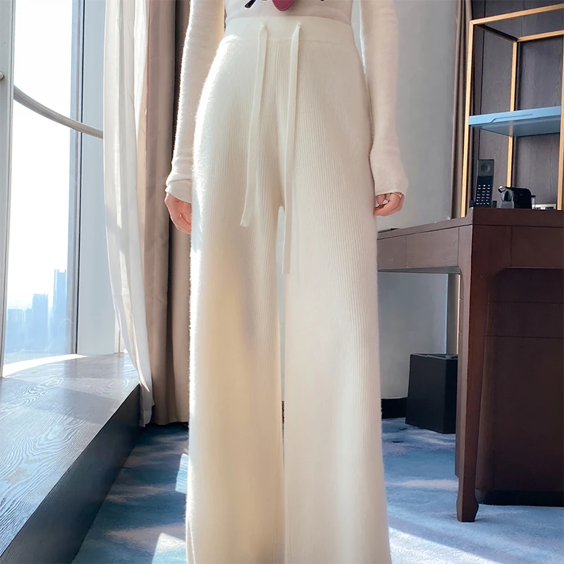 New Women's Autumn Winter 100% Merino Wool Knitted Loose Wide Leg Pants Comfortable Fit Long Trousers for Cooler Months