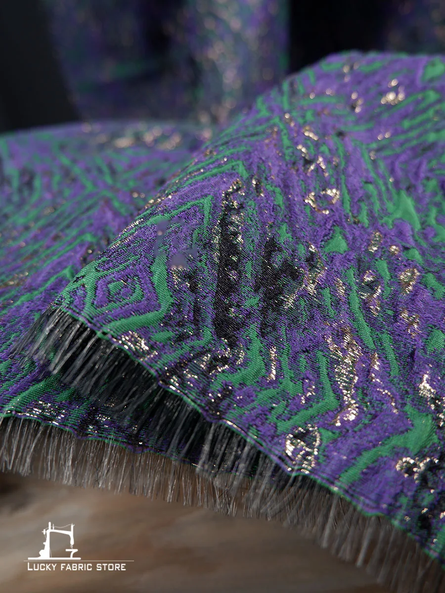 Purple geometric pattern, Chinese style, ethnic style floral fabric, blended jacquard fabric, jacket, skirt, designer fabric