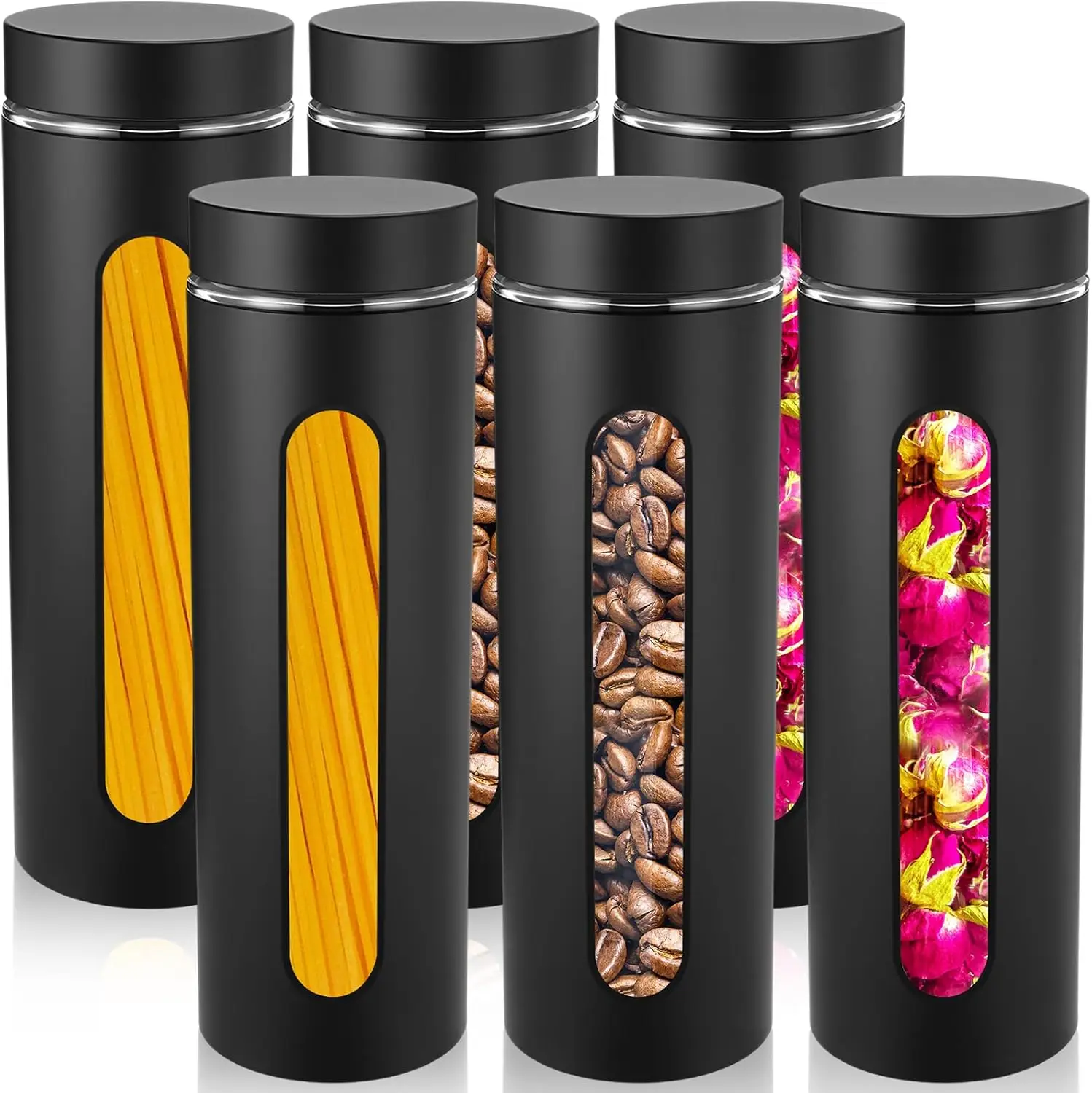 6-Pack Airtight Stainless Steel Food Storage Containers with Glass Window for Coffee Sugar Flour Spice, Black 60 oz